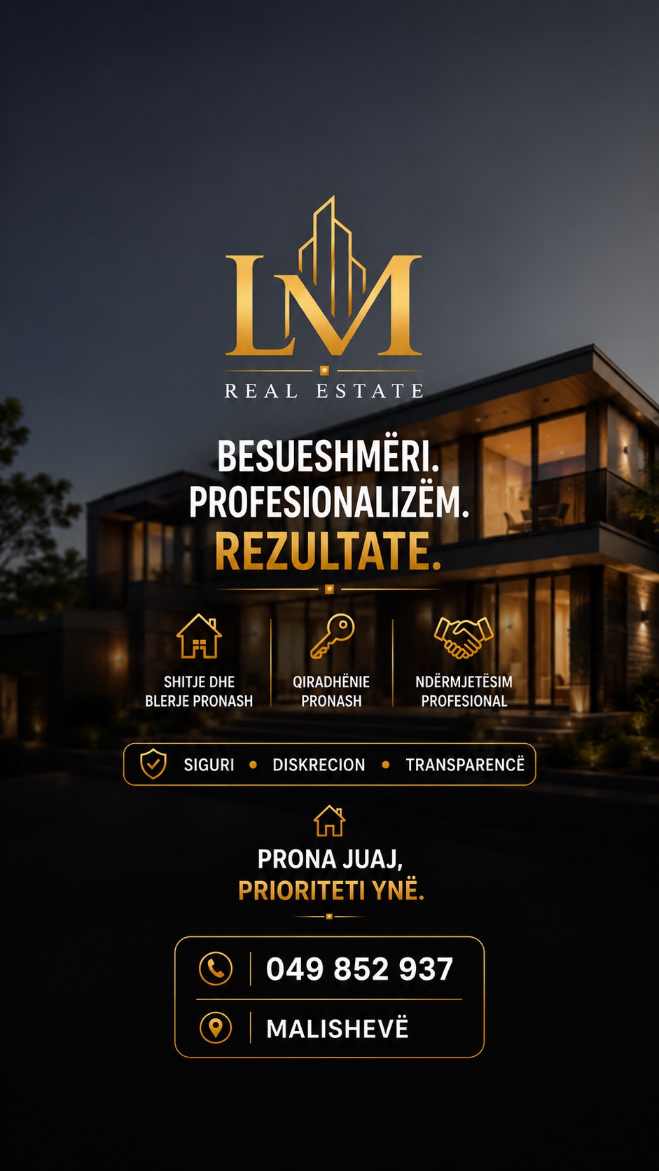 Reklamë vertikale e LM Real Estate me shërbimet dhe kontaktin